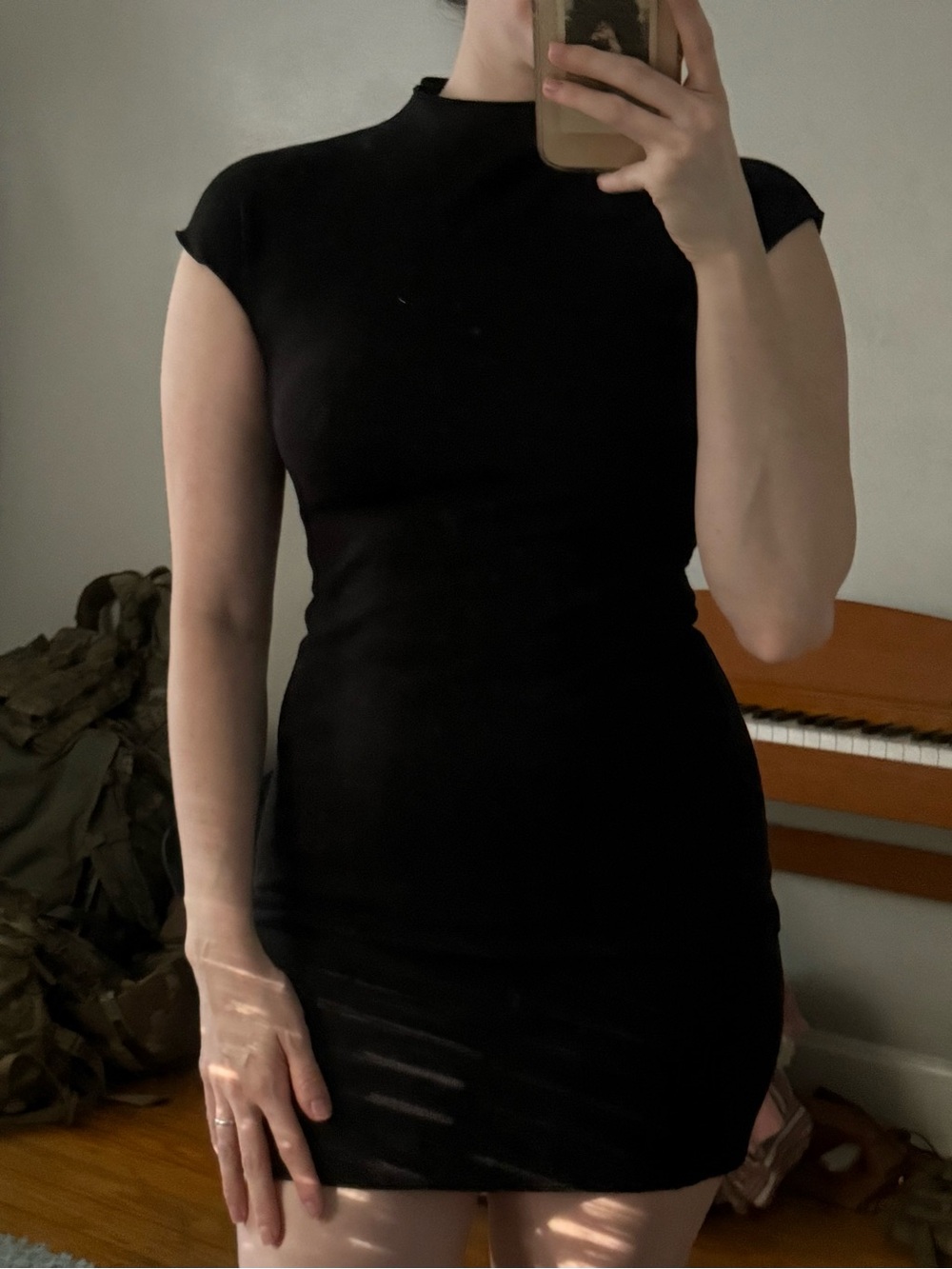 Zara Mock Neck Black Cap-Sleeve Bodycon Mini Dress